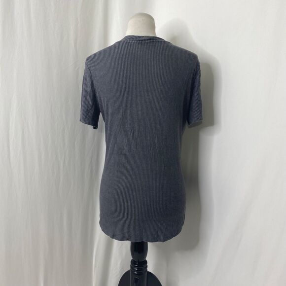 Women's Medium Shirt Love J Grey Striped Short Sleeve Tunic Style V-Neck - Picture 4 of 8